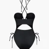 Tummy Control Solid Halter Tie Cut Out One-piece Swimsuit>MICAS Clearance