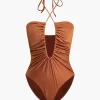 Tummy Control Tie Halter Ruched One-Piece Swimsuit>MICAS Fashion