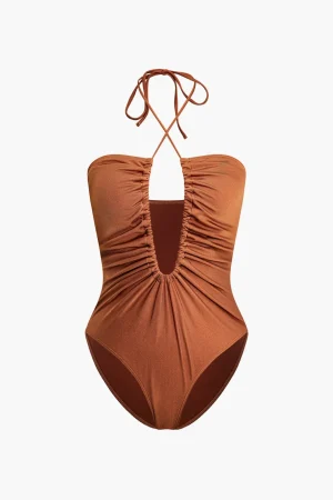 Tummy Control Tie Halter Ruched One-Piece Swimsuit>MICAS Fashion