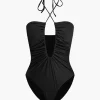 Tummy Control Tie Halter Ruched One-Piece Swimsuit>MICAS Fashion