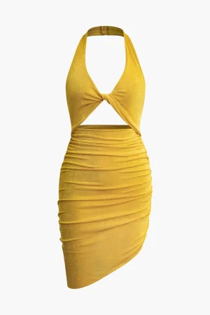 Twist Halter Cut Out Backless V-neck Midi Dress>MICAS Fashion