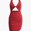 Twist Halter Cut Out Backless V-neck Midi Dress>MICAS Fashion