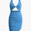 Twist Halter Cut Out Backless V-neck Midi Dress>MICAS Fashion