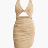 Twist Halter Cut Out Backless V-neck Midi Dress>MICAS Fashion