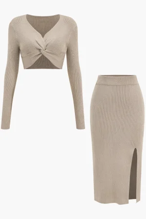 Twist Knot V-Neck Long-Sleeve Top And Side Slit Skirt Set>MICAS Outlet