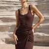 Twist Ruched Slit Sleeveless Midi Dress>MICAS Best