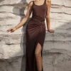 Twist Ruched Slit Sleeveless Midi Dress>MICAS Best