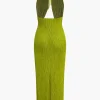 U-Ring Detail Halter Slit Backless Maxi Dress>MICAS Outlet