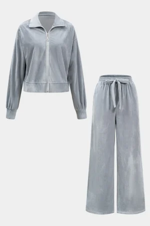 Velvet Zipper Top And Wide Leg Pants Set>MICAS Discount