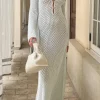 V-neck Crochet Open Knit Long Sleeve Maxi Dress>MICAS Discount