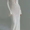 V-neck Crochet Open Knit Long Sleeve Maxi Dress>MICAS Discount