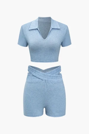 V-neck Cropped Top And Double Waistband Shorts Set>MICAS Fashion