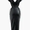 V-neck Faux Leather Cut Out Drawstring Midi Dress>MICAS Online