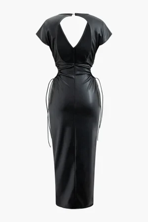 V-neck Faux Leather Cut Out Drawstring Midi Dress>MICAS Online