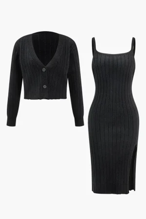 V-Neck Long Sleeve Cardigan And Slip Dress Set>MICAS Best