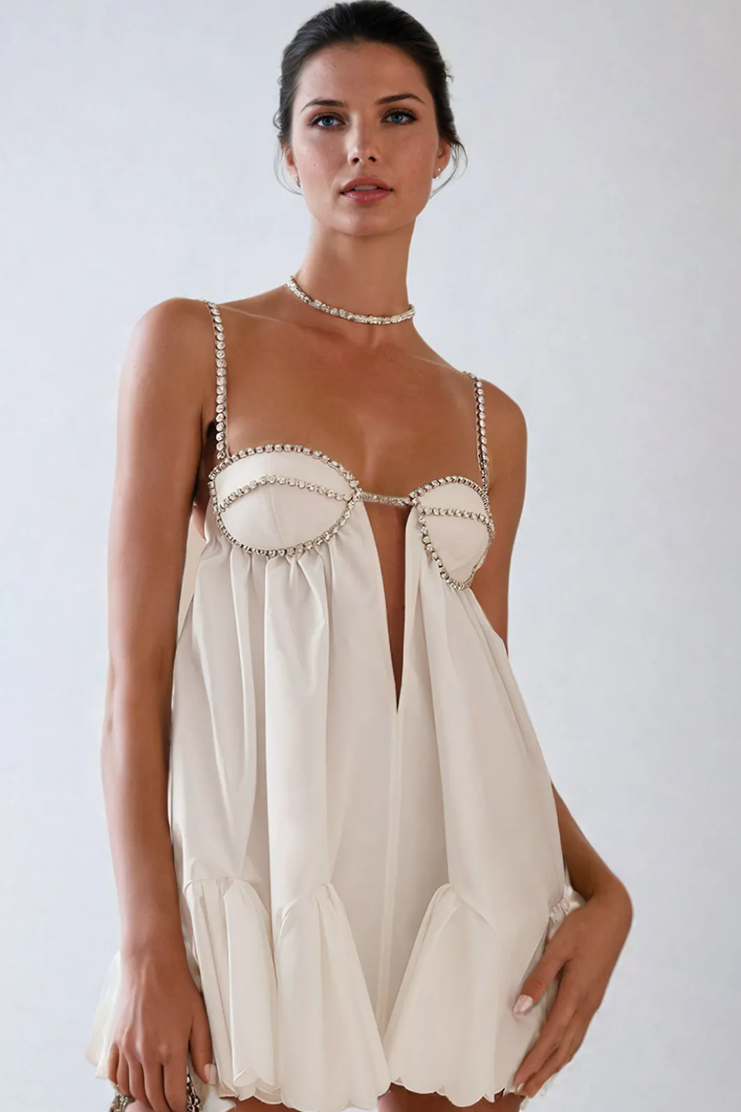 V-neck Rhinestone Decor Mini Dress>MICAS Best