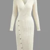 V-neck Rib Knit Collar Button Long Sleeve Midi Dress>MICAS Clearance