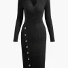 V-neck Rib Knit Collar Button Long Sleeve Midi Dress>MICAS Clearance