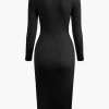 V-neck Rib Knit Collar Button Long Sleeve Midi Dress>MICAS Clearance