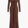 V-Neck Ruched Long Sleeve Maxi Dress>MICAS Discount