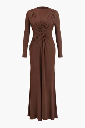 V-Neck Ruched Long Sleeve Maxi Dress>MICAS Discount