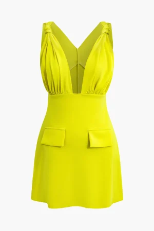 V-Neck Ruched Mini Dress>MICAS New