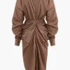 V-Neck Ruched Slit Midi Dress>MICAS Hot