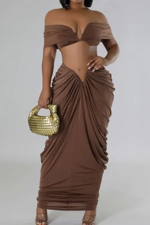 V-neck Ruched Top And V-shape Cut Waist Maxi Skirt Set>MICAS Online