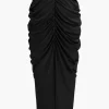 V-neck Ruched Top And V-shape Cut Waist Maxi Skirt Set>MICAS Online