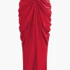V-neck Ruched Top And V-shape Cut Waist Maxi Skirt Set>MICAS Online