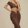 V-neck Ruched Top And V-shape Cut Waist Maxi Skirt Set>MICAS Online