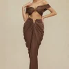 V-neck Ruched Top And V-shape Cut Waist Maxi Skirt Set>MICAS Online