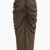 V-neck Ruched Top And V-shape Cut Waist Maxi Skirt Set>MICAS Online