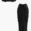 V-neck Ruched Top And V-shape Cut Waist Maxi Skirt Set>MICAS Online
