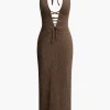 V-neck Tie Halter Slit Midi Dress>MICAS Hot