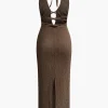 V-neck Tie Halter Slit Midi Dress>MICAS Hot