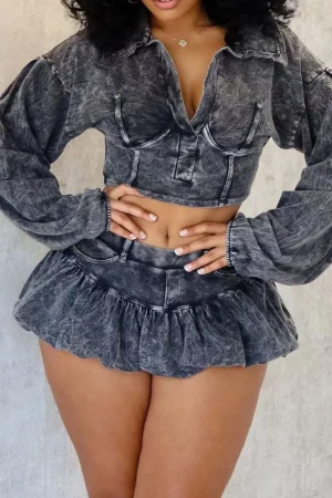 Washed Denim Crop Top And Pleated Mini Skirt Set>MICAS New