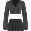 Washed Denim Crop Top And Pleated Mini Skirt Set>MICAS New