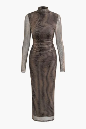 Wave Mock Neck Mesh Long Sleeve Maxi Dress>MICAS Outlet