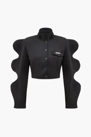 Wave Sleeve Buttoned Stand Collar Crop Jacket>MICAS Discount