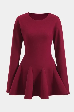 Woolen Round Neck Long Sleeve Puff Mini Dress>MICAS Clearance