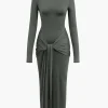 Wrap Ruched High Neck Long Sleeve Maxi Dress>MICAS Online