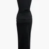 Wrap Ruched Slit Deep V-neck Sleeveless Maxi Dress>MICAS Online