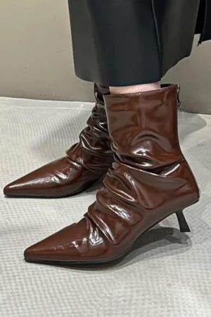Wrinkled Faux Leather Pointed Ankle Boots>MICAS New