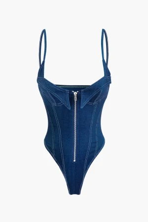 Zip Up Denim Sleeveless Bodysuit>MICAS Fashion